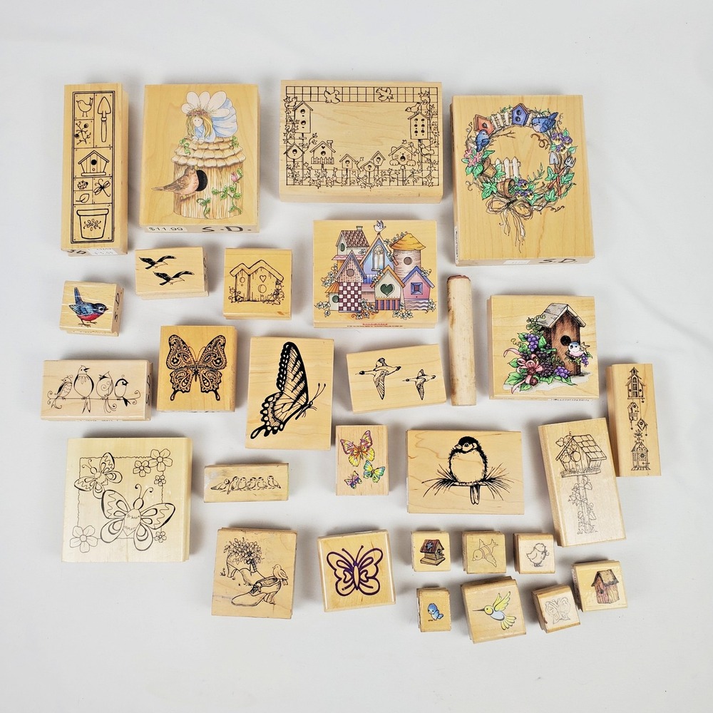 Wood Rubber Stamp Lot of 29 Bird and Butterfly, Birdhouse, Wings